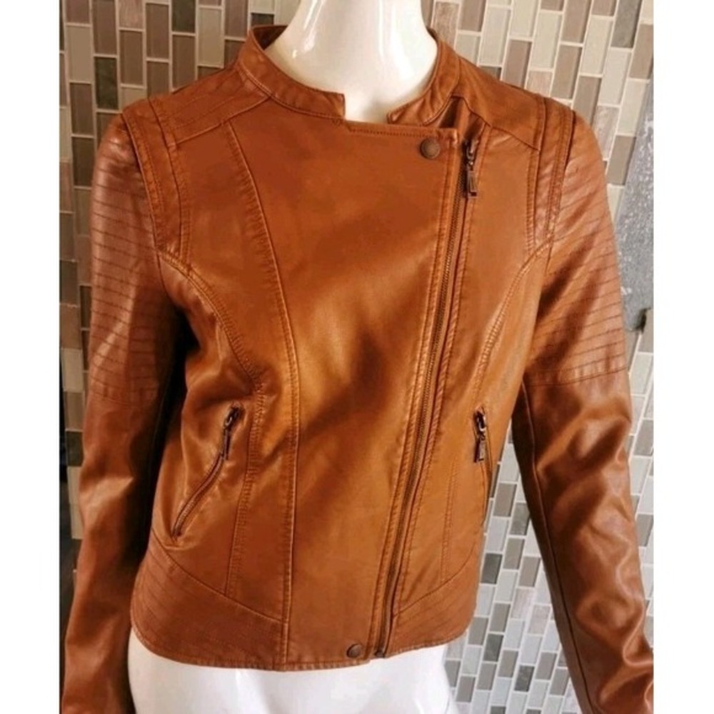 Jou Jou Faux Leather Jacket Moto Walnut Brown Vegan Biker Sz Junior 1X Fall Warm